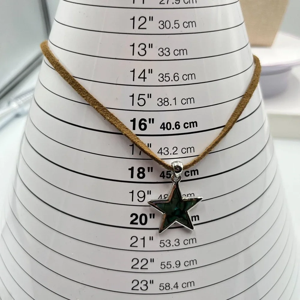Vintage Boho Abalone Shell Star Pendant Necklace, Brown Suede‎ Cord, Silver Tone